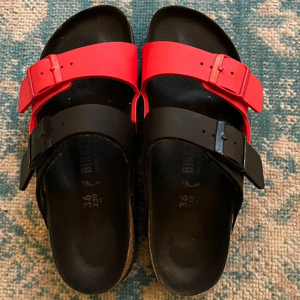 Birkenstock Arizona *Black & Poppy Red* Split Color / 36 N / Birko-Flor / EUC - Picture 3 of 16